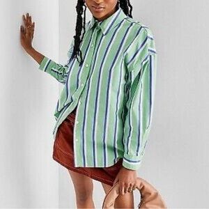 NWT Future Collective Women’s Large Green and Blue Striped Button-Up Shirt